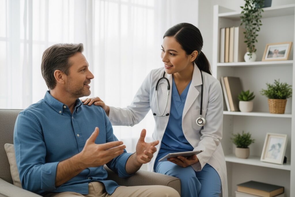 Una dottoressa sorridente appoggia una mano sulla spalla di un paziente seduto su una poltrona mentre parlano nello studio medico.
