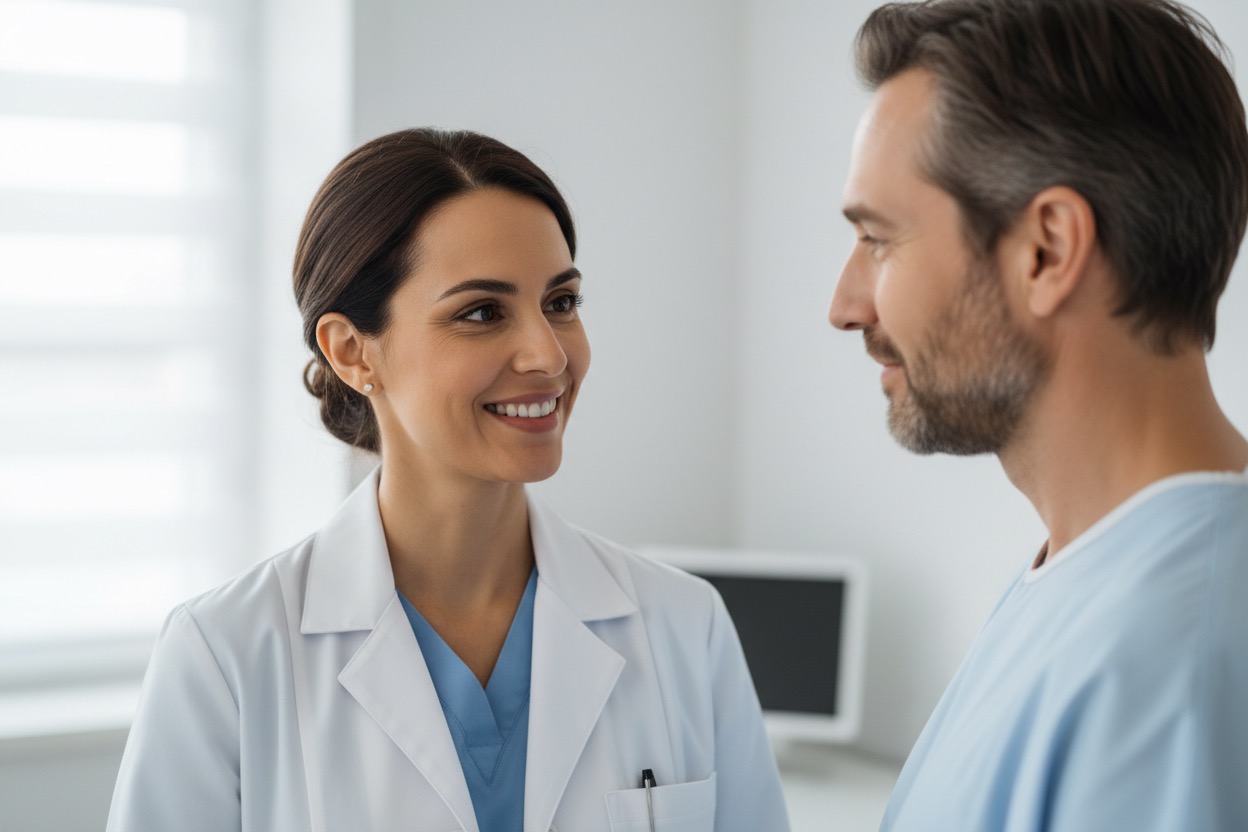 Un medico sorridente parla con un paziente in uno studio medico.